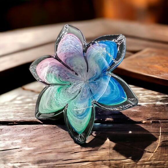 Art Glass Star Flower Votive Dish, Pastel Swirl Colors, Clear Rim – Murano Style - Picture 1 of 10